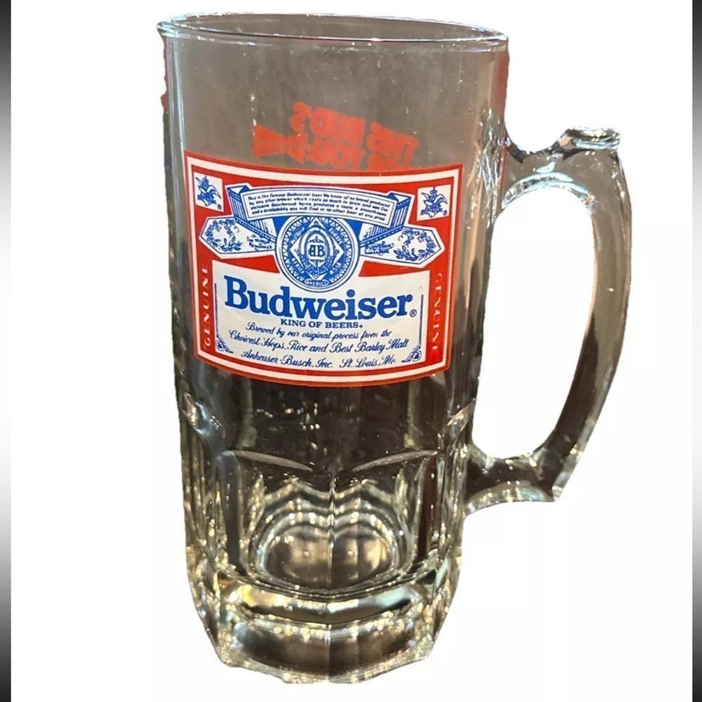 Huge VTG BUDWEISER Bud Beer GLASS "This Bud's For You" 32oz 8” Tall HANDLED MUG